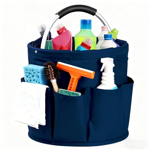 Cleaning Caddy with Handle, Cleaning Products Organiser, Foldable Storage Basket, Large Supply Organiser 17L with 6 Pockets, Portable Cleaning Caddy for Home & Garden (Dark Blue) - color: Dark Blue