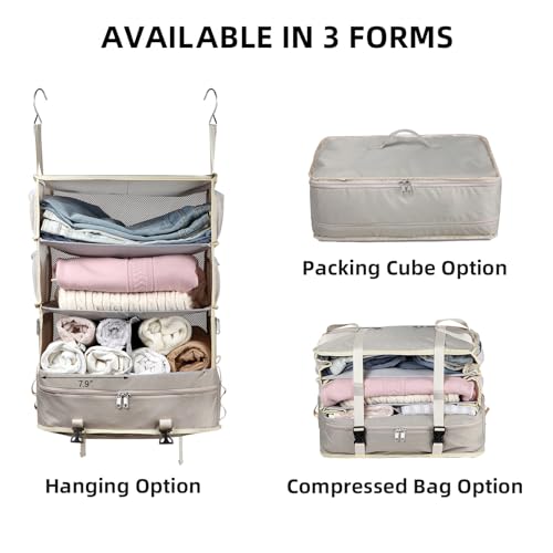 Bukere Hanging Packing Cube for Travel, Portable Shelves Organizer Bag for Luggage Suitcase, Travel Essentials, Compression Carry-On Closet Storage, X-Large Capacity - color: BEIGE 2PACK