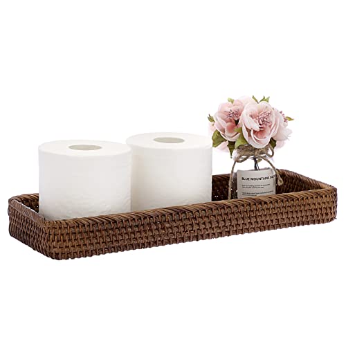 Sumnacon 16 Inch Rattan Bathroom Vanity Tray - Decorative Wicker Toilet Tank Tray for Paper Hand Towel,Vintage Storage Basket Bin for Bathroom Kitchen Toilet Tank Vanity Countertop Table Shelf,Brown - color: Brown, size: 16" x 6.5" x 1.8"