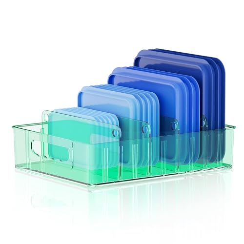 LYNG Lid Organizers Inside Cabinet, Clear Plastic Storage Lid Organizer With 4 Adjustable Dividers, Food Container Lid Organizer For Kitchen Pantry Green - color: Green