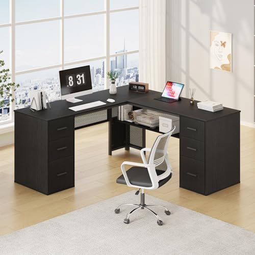 HSH Black L Shaped Desk with File Drawers Shelves, Reversible Corner Metal Wood Computer Desk with Storage Cabinet, Modern Large Executive Work Writing Study Table for Home Office Bedroom, 59 Inch - color: Black Oak
