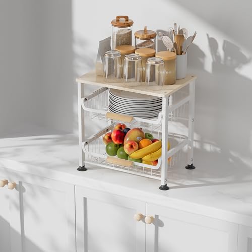 NiuYichee 3-Layer Kitchen Fruit Storage Basket Snack Rack, countertop Storage Rack, Stackable Storage Rack with Desktop, Pull-Out Hollow Metal Storage Basket with Handle, Kitchen Organizers & Storage - color: White 3-layer Rack