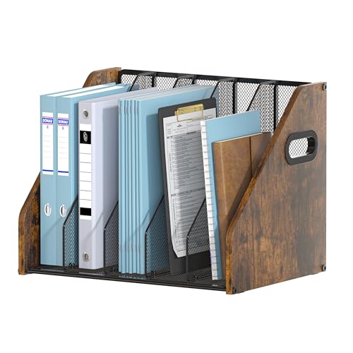 Piskyet Binder Organizer for Desk,Wooden Desk Magazine File Holder with 5 Vertical Compartments Rack File Organizer for Teacher Office Desktop,Home Workspace