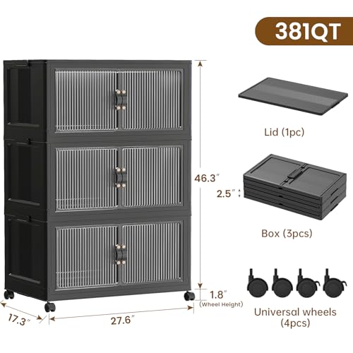 SAILUN 95Gal/381Qt Extra Large Stackable Storage Bins Folding Collapsible Storage Bins with a Lid, Closet Organizers and Storage Black 28" W x 1 - color: Black, size: 1 Lid 3 Pack-28" W x 17" D x 46" H