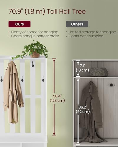 VASAGLE Hall Tree with Bench and Shoe Storage, Coat Rack with Shoe Bench, 7 Double Hooks for Jackets, Hats, Entryway, Bedroom, Living Room, 13.8 x 31.9 x 70.9 Inches, Matte White UHSR414WB01S - color: Matte White