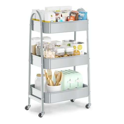 EAGMAK 3 Tier Utility Rolling Cart, Metal Storage Cart with Handle and Lockable Wheels, Multifunctional Storage Organizer Trolley with Mesh Baskets for Kitchen, Living Room, Office, Garage (Grey) - color: Gray, size: Normal