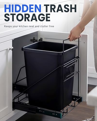 Pull Out Trash Can Under Cabinet Adjustable Trash Can Holder for 7 to 11 Gallon Bin Bottom Mount Slide Out Trash Rack for Narrow Cabinets(Black, No Bin Included) - color: Black