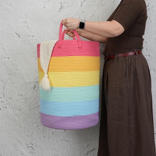 Woven Cotton Rope Laundry basket-16”X22” Laundry Hamper-Rope Storage Basket for Dirty Clothes, Toys and Blankets Perfect for Bathroom, Baby nursery and Living Room Storage (rainbow, Large) - color: rainbow, size: Large