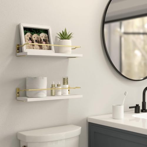 RICHER HOUSE Bathroom Shelves, Small Floating Wall Shelf for Bathroom Decor, Wall Mounted Wood Shelves, Bathroom Organizer Over Toilet Storage, Guard-Rail Kitchen Shelves Set of 2 - White Gold - color: White & Gold