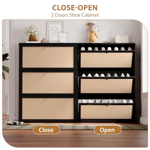 Narrow Shoe Storage Cabinet, 31.5" Slim Shoe Organizer with 3 Flip Drawer, Modern Hidden Shoes Cabinet for Entryway, Non-Divider Drawer Wood Shoe Storage for Hallway, Living Room (Black) - color: Linen-black, size: 3-Drawer-No Divider