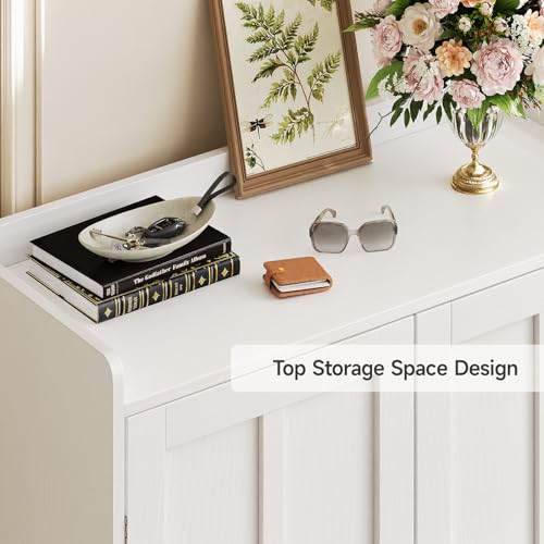 ComfyCorner White 7+1 Tier Farmhouse Shoe Storage Cabinet - 45" Tall Entryway Organizer with Cross Molding Doors, 3 Adjustable Shelves & Metal Legs, Shoe Rack for Front Door Entrance - color: White