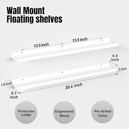 Boswillon 36 Inches Long Floating Shelves Wall Mounted,2 Set Modern White Shelf for Bedroom,Nursery Book with Lip,Picture Ledge Decor Living Room Bathroom Kitchen-White,35.4 In - color: White, size: 35.4 In