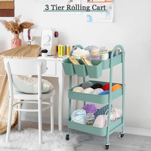 danpinera 3-Tier Rolling Cart, Utility Cart Mobile Metal Rolling Storage Cart with Lockable Wheels & Hanging Cups & Hooks for Kitchen, Bathroom, Office, Workshop, Green - color: Green, size: Normal (3 tier)