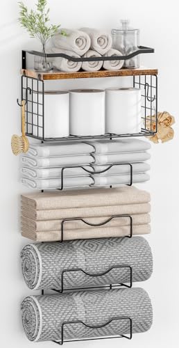Towel Racks for Bathroom,Towel Rack Wall Mounted, 6 Tier Rolled Or Folded Towel Holder with Floating Shelves, Bathroom Towel Holder for Bath, Hand Towels,Metal and Wood - color: Vintage Brown Plank, size: J-type Black Rack