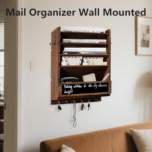 Rustic wall mail organizer,Key and Mail File Holder for Wall Mount，with 6 Key Hooks 2 Double Key Hooks A blackboard,for Home,Office, Classroom,Entryway Decor (brown) - color: brown