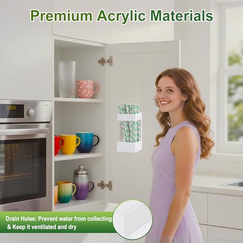 2 PACK Acrylic Straw Holder for Cabinet Doors, Reusable Straw Organizer with Ultra-Sticky Adhesive, Small Kitchen Accessories Container, Fits Both Short & Long Straws (White) - color: White