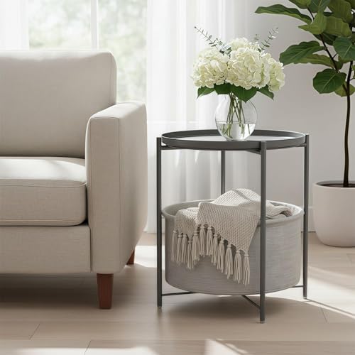 danpinera Round Side Table with Fabric Storage Basket, Metal Side Table Small Bedside Table Nightstand with Removable Tray Top for Living Room, Bedroom, Nursery, Laundry, Gray - color: Grey