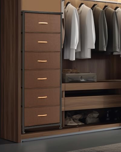 Mifuro Tall Dresser for Bedroom with 6 Drawers, Vertical Storage Organizer Tower, Chest of Drawers with Fabric Bins, Steel Frame, Wood Top for Bedroom, Closet, Entryway- Brown - color: Brown, size: 6 Medium Drawers