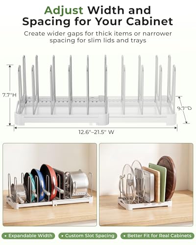 EVERIE Adjustable Bakeware Organizer Pot Lid Holder Rack for Pots, Cake Molds, Cutting Boards, Mats, Cookware, GS02SS, 7.7'' Deep by 12.6'' to 21.5'' Wide
