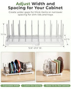 EVERIE Adjustable Bakeware Organizer Pot Lid Holder Rack for Pots, Cake Molds, Cutting Boards, Mats, Cookware, GS02SS, 7.7'' Deep by 12.6'' to 21.5'' Wide