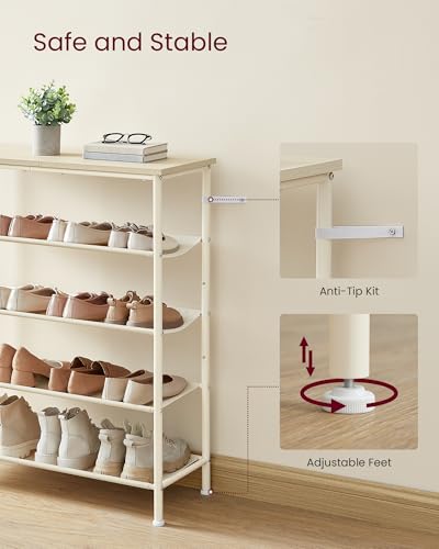 VASAGLE Shoe Rack, 5-Tier Shoe Storage Organizer for Entryway and Closet, Holds 12-16 Pairs of Shoes, 4 Fabric Shelves, Steel Frame, Modern, Natural Beige and Pearl White ULBS036K01 - color: Natural Beige + Pearl White, size: 5 Tiers (29.5"W)