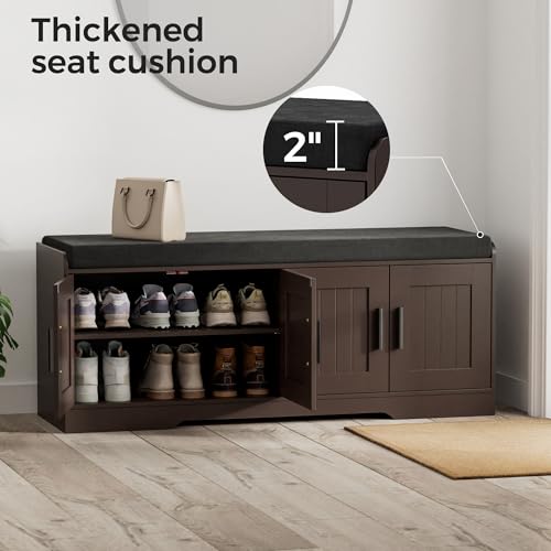 Homleke 2-Tier Storage Bench, Shoe Bench with Thickened Padded Seat Cushion, Entryway Bench with 4 Doors, Adjustable Shelf, 13.8" D x 45.3" W x 18.5" H, for Entryway, Living Room, Bedroom, Brown - color: Brown, size: 45.3"