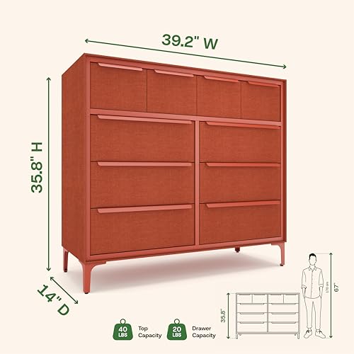 tinge Naima Premium Fabric Dresser - Strong Metal Frame, 10 Spacious Sag-Proof Drawers with Sleek Metal Handles - Premium & Durable Storage Solution for Your Home (Orange) - color: Golden Hour (Orange), size: 14"D x 39.2"W x 35.8"H (10 Drawers)