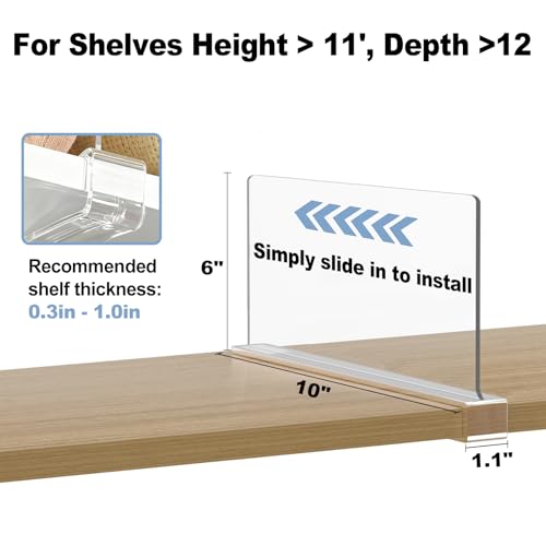 Purse Organizer for Closet Shelf Dividers: 6-inch Tall(Shorter Version) Adjustable Clear Acrylic Bag Storage Organizer for Handbags, Sweaters, Towels, Jeans and Shoes on Wood Shelves 6-Pack - color: Clear:6-pack, size: Small: 6" Tall x 10" Deep