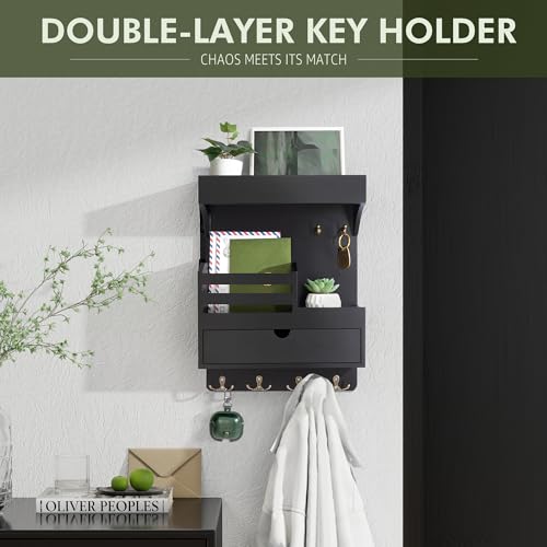 Rebee Vision Modern Key Holder Wall Mount with Drawer Organizer - Pine Wood Mail and Key Organizer with 6 Keys Hooks and Floating Wall Shelf - Stylish Home Decor for Apartment (Black) - color: Black, style: Large Drawer