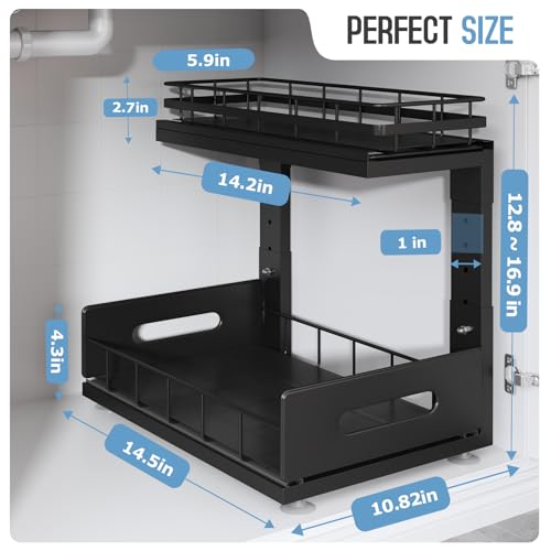 Under Sink Organizer Upgrade To Professional Rails,2-Tier Dual Pull Out Cabinet Storage,Height Adjustable Slide Out Drawers For Bathroom Kitchen,2 Pack-14.5"Dx12.8"-16.9"H,Black - color: Black, size: 2 Pack-14.5"Dx12.8"-16.9"H
