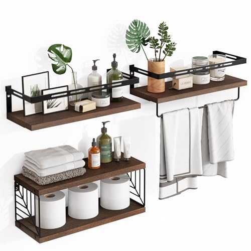 Fixwal 3+1 Tier Wall Mounted Bathroom Shelves Over Toilet, Rustic Wood Floating Shelves with Metal Frame and Towel Bar for Bathroom, Kitchen, Bedroom, Living Room (Dark Brown) - color: 6-dark Brown