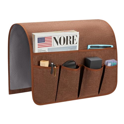 Sofa Armrest Organizer, Remote Control Holder for Recliner Couch, Arm Chair Caddy with 6 Pockets for Magazine, Tablet, Phone, iPad - color: Chocolate, size: W19'' x L33''