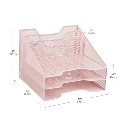 Mind Reader Metal Mesh Desktop File Organizer, 3-Tier Paper Tray with 5 Compartments, Office Mail Sorter, Pink - color: Pink