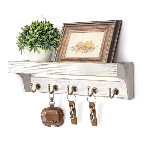 Rebee Vision Pine Wood Key Holder Wall Mount with Shelf for Farmhouse Decor - Rustic Wall Mail Organizer Wall Mounted for Living Room Decor - Perfect Mail Organizer for Home Improvement (Whitewash) - color: Whitewash