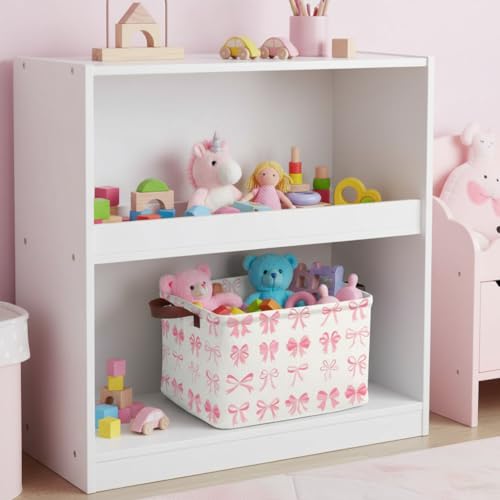 Pink Bow Decor Storage Basket Waterproof Canvas Toy Storage Bin Coquette Room Decor Collapsible Outdoor Basket with Leather Handles Pink Blanket Baskets For Closets,Bedrooms,Gifts Baskets - color: Pink Bow Decor