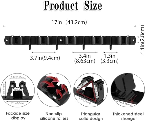 Black 5 Racks and 4 Hooks Mop and Broom Holder Wall Mount, Broom Organizer Storage Tool Racks Stainless Steel Heavy Duty Hooks Self Adhesive Solid Non-slip for Home Kitchen Garden Laundry Garage - color: 5 Racks & 4 Hooks (Black) - 1 Pack