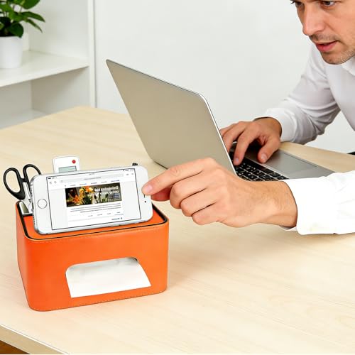 PU Leather Tissue Box Cover Square - Multifunctional Tissue Box Holder with Storage, Tissue and Remote Control Holder Organizer with Compartments for Bedroom Nightstand, Desk, Living Room (Orange) - color: Orange