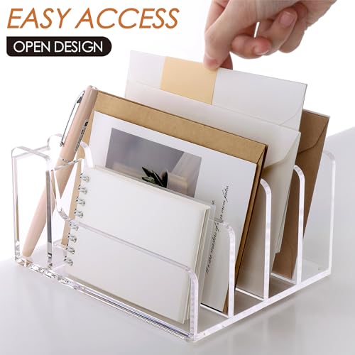 SANRUI Acrylic Mail Organizer, 5 Compartments File Holder for Desk,Letter Sorter with Pen Holder,Desk Organizers and Accessories,Clear Cute Mail Sorter - style: 4 Sections with Pen Holder