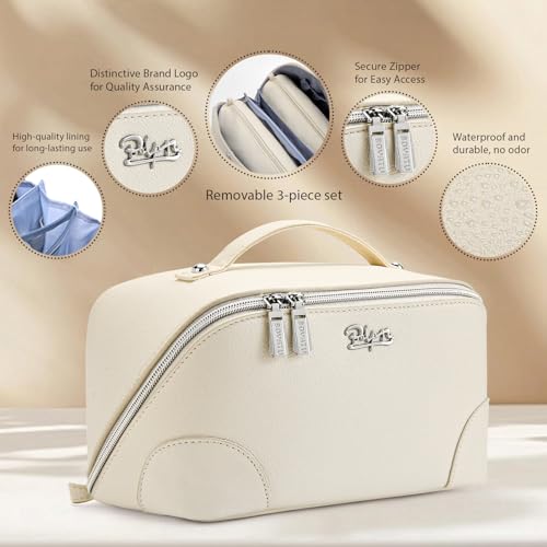 BOYATU Travel Makeup Bag Cosmetic Bags for Women: 3 Pcs Set Large Capacity Make up Bag with Handle - Waterproof Vegan Leather Toiletry Bags Travel Essentials with Compartments(C-3-White) - color: C-3-White