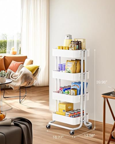 Pipishell 4 Tier Metal Rolling Utility Cart, Heavy-Duty Storage Rolling Cart with 2 Lockable Wheels, Multifunctional Mesh Organization Utility Cart for Kitchen Dining Room Living Room, PIUC13W - color: White, size: 4 Tier
