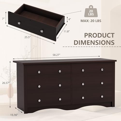 YESHOMY 6 Drawer Dresser for Bedroom, Wood Dresser, Chest of Drawers Storage Organizer, TV Stand for 55 inch TV, for Living Room, Hallway, Closet (Dark Brown) - color: Dark Brown