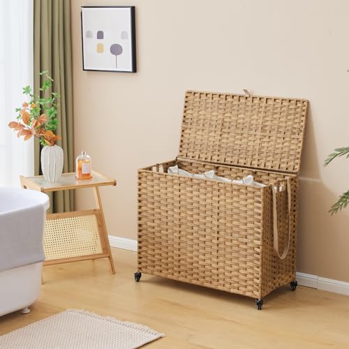 Laundry Hamper with Wheels, 52.8 Gallon(200L) Rolling Laundry Basket with Lid, 3-Section Rattan Clothes Hamper with 3 Removable Liner & 3 Mesh Bags, Laundry Sorter with Side Pocket, Natural - color: Natural, size: 200L（31.5 x 15.75 x 25.6 Inches）