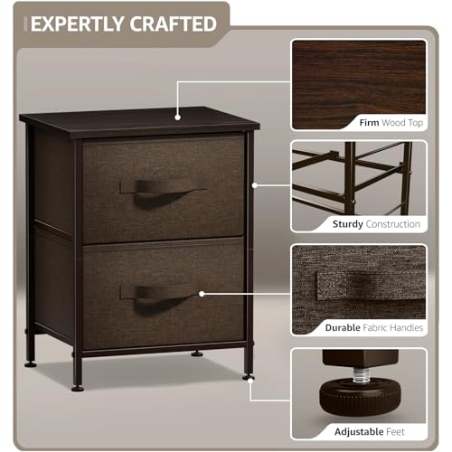 Sorbus Nightstand with 2 Drawers - Bedside Furniture End Table Night Stand with Steel Frame, Wood Top & Easy Pull Fabric Bins - Small Dresser & Chest for Home, Bedroom Accessories & Office - color: Brown, style: 2 Drawer