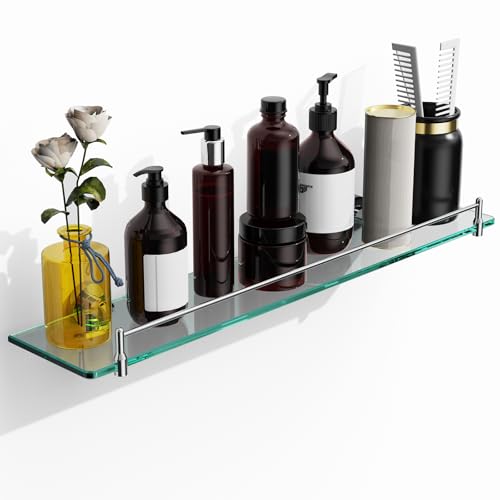 24 Inch Glass Bathroom Shelves,Chrome Polished Floating Shelves for Wall Rectangular Modern Stainless Steel Glass Shelf for Bathroom Shelves Wall Mounted - color: Chrome Polished, size: 24"with railing