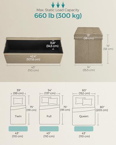 SONGMICS Mazie Collection - 43 Inches Storage Ottoman, Foldable Storage Bench with Flipping Lid, 660 lb Load Capacity, for Entryway, Living Room, Bedroom, Camel Brown ULSF076K01 - color: Camel Brown, size: 15"D x 43"W x 15"H
