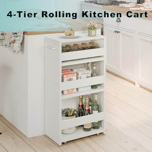 MARTY Rolling Storage Cart 7.9" W, 4-Tier Kitchen Cart with Wheels Handle, Slim Storage Cart Mobile Shelving Utility Carts for Bathroom Laundry Room Organization Narrow Places (All White) - color: All White, size: 7.9"D x 15.75"W x 31.5"H