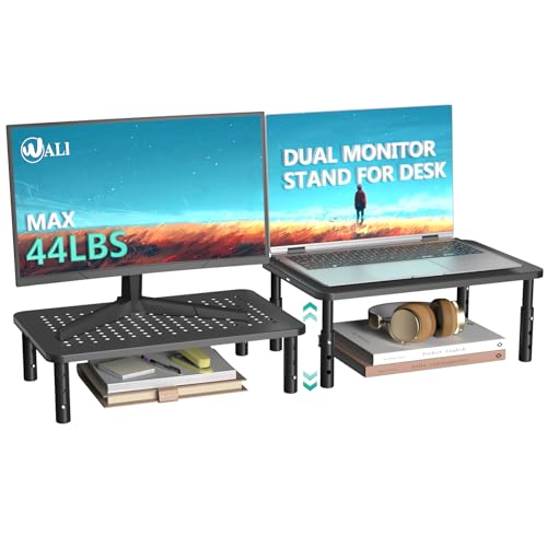 WALI Dual Monitor Stand for Desk, Desk Monitor Riser 3 Height Adjustable, Laptop Riser with Airflow Vents, Desk Organizer for Computer, Laptop, Printer, Notebook (STT003-2), 2 Pack, Black - color: Black 2 Pack, size: Basic