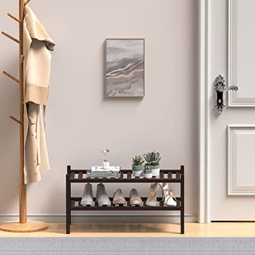 ROMGUAR CRAFT 2 Tier (Thick) Bamboo Shoe Rack for Closet Free Standing Wood Shoe Shelf for Entryway Small Space Stackable 27"x12"x14" (Black Brown) - color: Brown, size: 2 Tier(Thick)