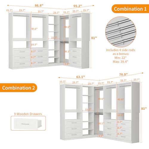 Closet System with 9 Drawers, Corner Closet Organizer Systems with 9 Shelves & 9 Hanging Rods L-Shaped Walk in Closet Freestanding Corner Tower Modular Storage System 4 Sets 2800+ Lbs Capacity White - color: 4 Sets - 110.5''