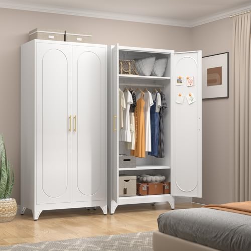 UNICOLY Armoire Wardrobe Closet with Doors, 71'' Wardrobe Cabinet with Hanging Rod, Metal Closet with 2 Adjustable Shelves for Bedroom School, Employee, Gym, Armarios De Ropa para Dormitorio, White - color: White, size: 71 Inch arched-J with 0 Drawers